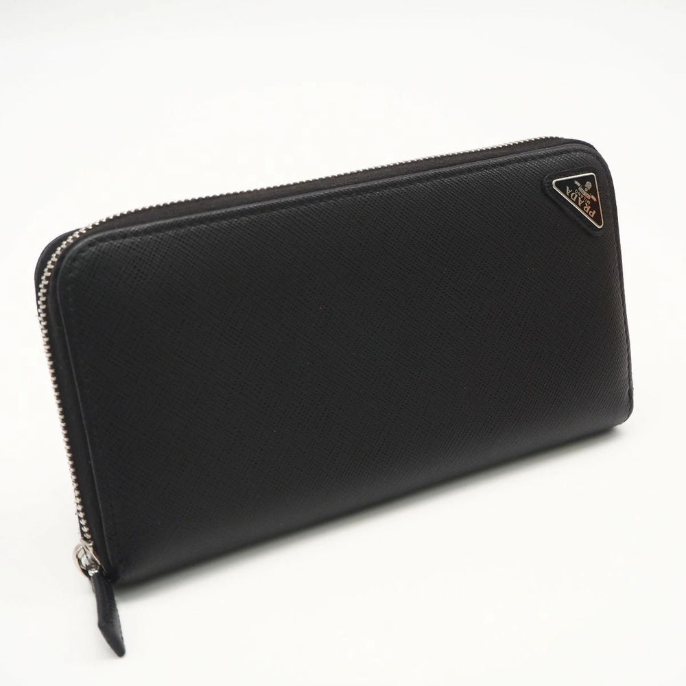 Prada Saffiano Triangle Zip round Wallet Long Black